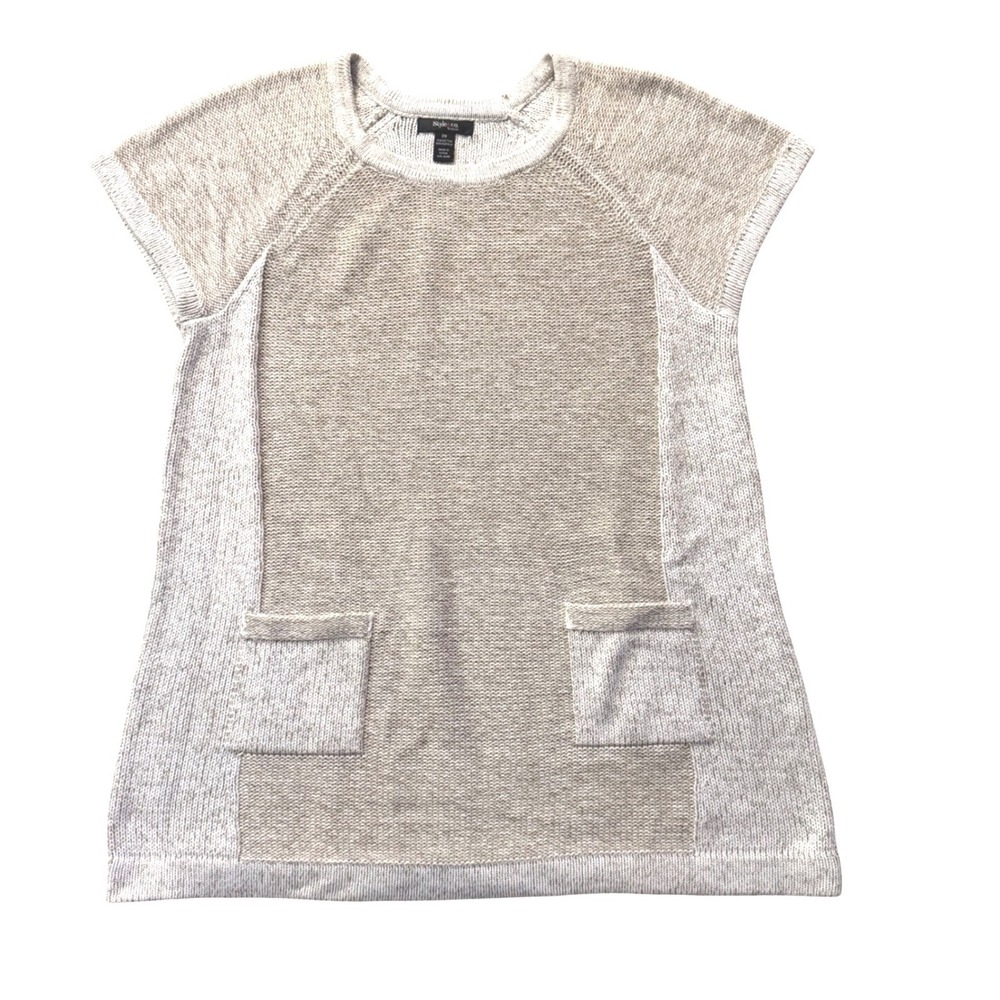 Style & Co Womens 2X Beige Colorblock Short Sleeve‎ Tunic Sweater Pockets Cotton